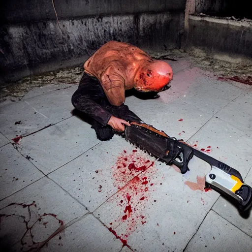 Image similar to putin with a chainsaw and a corpse. in a concrete bunker. focus on putins face with blood splatters. canon eos r 3, f / 1. 4, iso 1 6 0 0, 1 / 8 0 s, 8 k, raw, grainy