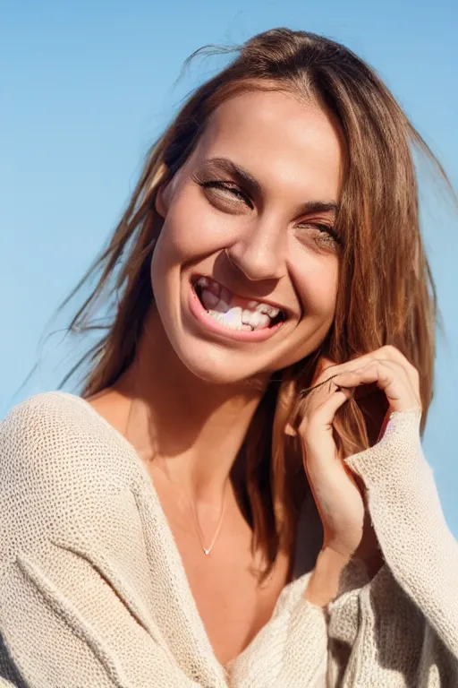 Image similar to olive skinned female model in her thirties, wearing white v - neck sweater, focused on neck, photo realistic, extreme detail skin, natural beauty, straight teeth, laughing, no filter, slr, golden hour, 4 k, high definition, selfie