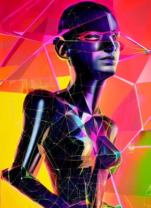 Image similar to futuristic fine lasers tracing, data visualization, cyberpunk bodysuit, tesseract, laserpunk, blindfold pyramid visor, rain, wet, oiled, sweat, girl pinup, by steven meisel, kaws, james jean and rolf armstrong, geometric cubist perfect geometry abstract acrylic and hyperrealism photorealistic airbrush collage painting with monochrome and neon fluorescent colors, eighties eros