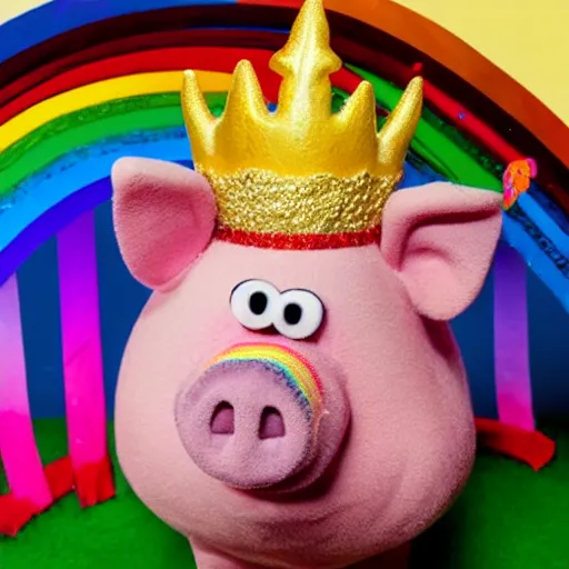 Prompt: rainbow pig wearing a gold crown as a Muppet 8k