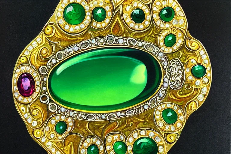 Prompt: highly detailed oil painting, very realistic gemstones, top view, symetrical, art nouveau, ornate, delicate, brilliant green gemstone necklace, dramatic light,