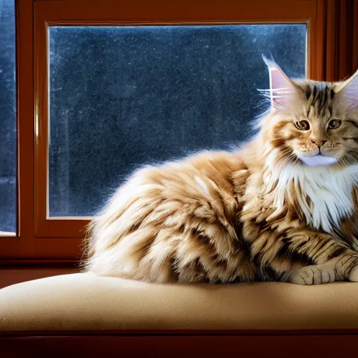 Image similar to portrait cream color maine coon cat curled up, bay window sofa, by Jeff Easley