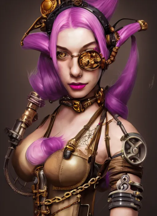 Prompt: steampunk portrait of jinx from league of legends, au naturel, hyper detailed, digital art, trending in artstation, cinematic lighting, studio quality, smooth render, unreal engine 5 rendered, octane rendered, art style by klimt and nixeu and ian sprigger and wlop and krenz cushart.