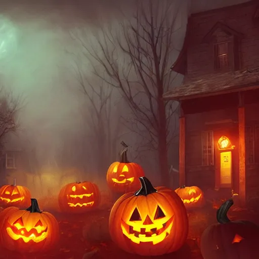 Image similar to a creepy and eery Halloween setting, with Jack o lanterns on the street and shadow figures lurking about, dynamic lighting, photorealistic fantasy concept art, stunning visuals, creative, cinematic, ultra detailed, trending on art station, spooky vibe