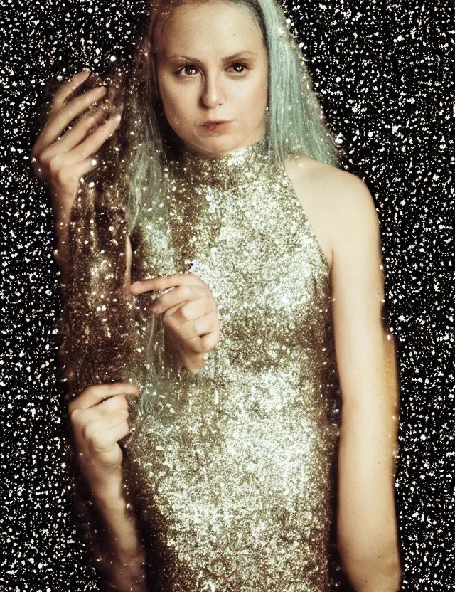 Image similar to conceptual polaroid photo with flash, portrait of a woman in glitter dress, polaroid photo strong lights, kodak film stock, hyper real, stunning moody cinematography, with anamorphic lenses, by maripol, detailed