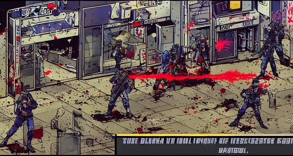 Prompt: 1993 Video Game screenshot for Akira style Anime Neo-tokyo Cyborg bank robbers vs police, Set inside of the Bank, Open Bank Vault, Multiplayer set-piece Ambush, Tactical Squads :10, Police officers under heavy fire, Destructible Enviorments, Gunshots, Bullet Holes and Anime Blood Splatter, :10 Gas Grenades, Riot Shields, MP5, AK45, MP7, P90, Chaos, Anime Machine Gun Fire, Gunplay, Shootout, :14 80s anime style, FLCL + LA Machineguns :10, Created by Katsuhiro Otomo + Studio Gainax: 20