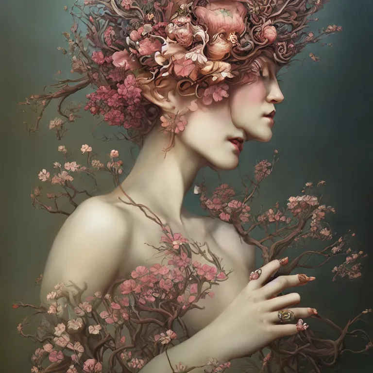 Prompt: breathtaking detailed concept art painting art deco portrait of gaea the goddess amalgamation flowers, by hsiao - ron cheng, bizarre compositions, exquisite detail, extremely moody lighting, 8 k