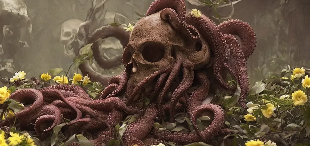 Prompt: an octopus in the shape of a skull surrounded by flowers! at midnight, foggy!, foggy!, cinematic shot, photo still from movie by denis villeneuve, wayne barlowe