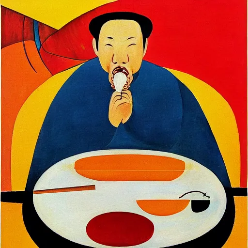 Image similar to surrealist painting, chinese man eating noodles, cubism