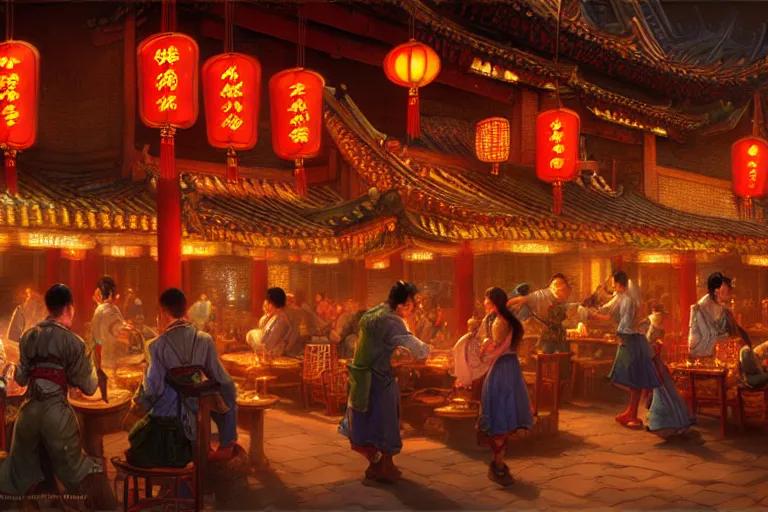 Image similar to fantasy art of a bustling tavern in china, at night, by ralph horsley, highly detailed digital art, trending on artstation