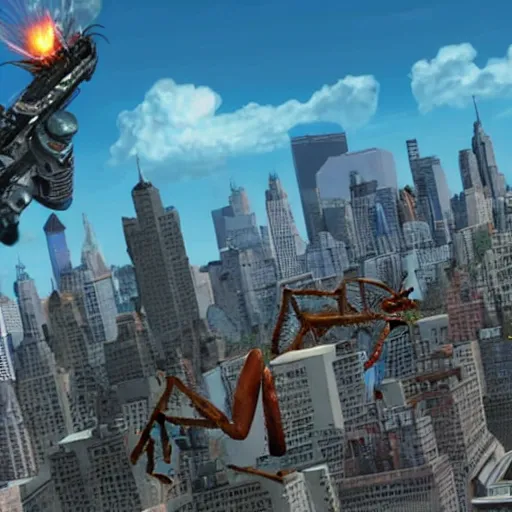 Prompt: giant ant attacking new york, edf, earth defense force