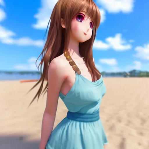 Image similar to Render of a very beautiful 3d anime girl, long hair, hazel eyes, cute freckles, full round face, short smile, cute sundress, golden hour, serene beach setting, medium shot, mid-shot, highly detailed, trending on Artstation, Unreal Engine 4k