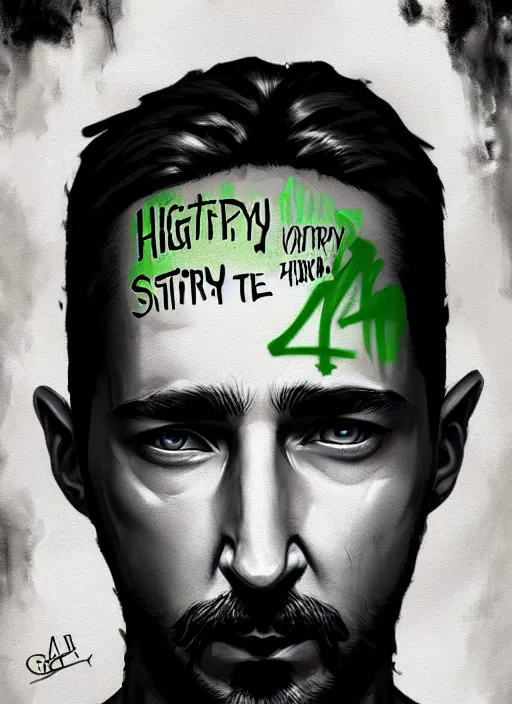 Image similar to highly detailed closeup portrait motivational poster of creepy staring shia lebouf with large bold letter motivational words by greg rutkowski, by artgerm, gradient green, black and white color scheme, grunge aesthetic!!! ( ( graffiti tag wall background ) )