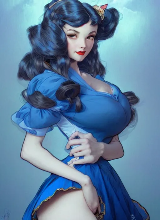 Image similar to concept art by artgerm, portrait of pinup disney alice in wonderland in blue dress, soft natural light, intricate, elegant, highly detailed, mountain background with houses and river, digital painting, artstation, concept art, smooth, sharp focus, illustration, art by greg rutkowski and alphonse mucha and uang guangjian and gil elvgren, symmetry!!