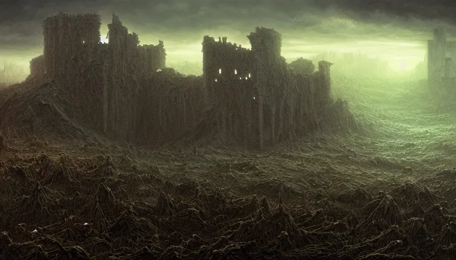 Prompt: death field, a destroyed castle in the distance, rotting, fine details, blood, digital art, volumetric lighting, cinematic light, photorealistic, by dan mumford and zdzisław beksinski, by giger, by caravaggio, 4 k,