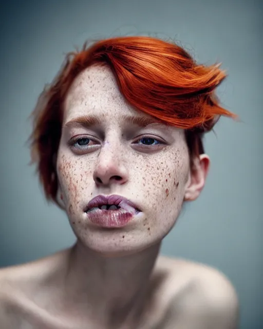 Image similar to Close-up portrait of a woman , close-up, high sharpness, zeiss lens, fashion photo shoot, flowers, red hair, freckles, Annie Leibovitz and Steve McCurry, David Lazar, Jimmy Nelsson, artistic, hyper-realistic, beautiful face, octane rendering