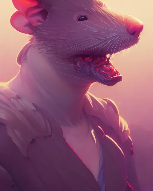 Image similar to highly detailed vfx portrait of a rat, unreal engine, greg rutkowski, loish, rhads, beeple, makoto shinkai and lois van baarle, ilya kuvshinov, rossdraws, tom bagshaw, alphonse mucha, global illumination, detailed and intricate environment