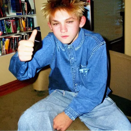 Prompt: 2 0 0 1, edgy 1 2 year old boy, frosted tips, y 2 k fashion, baggy jeans, og xbox on shelf, thumbs up