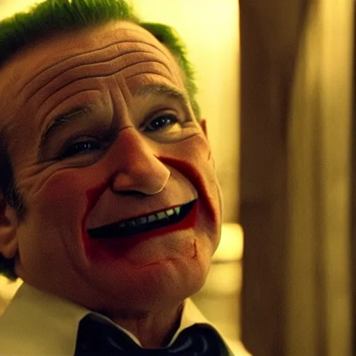 Image similar to stunning awe inspiring robin williams playing the joker 8 k hdr movie still atmospheric lighting