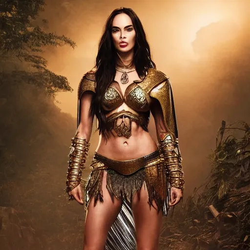 Image similar to full body photo of megan fox as a beautiful amazon warrior goddess wearing a flowing cape and golden chain mail armor, ornate jewelry, in the jungle, studio lighting, octane render, fashion photo by Arney freytag