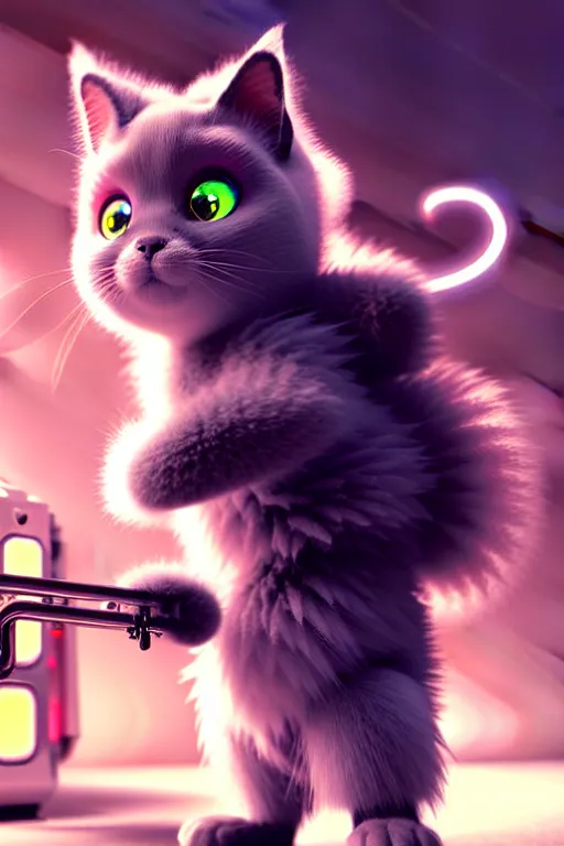 Image similar to high quality 3 d render very cute fluffy cyborg!! cat plays trumpet, cyberpunk highly detailed, unreal engine cinematic smooth, in the style of blade runner & detective pikachu, hannah yata charlie immer, moody light, low angle, uhd 8 k, sharp focus