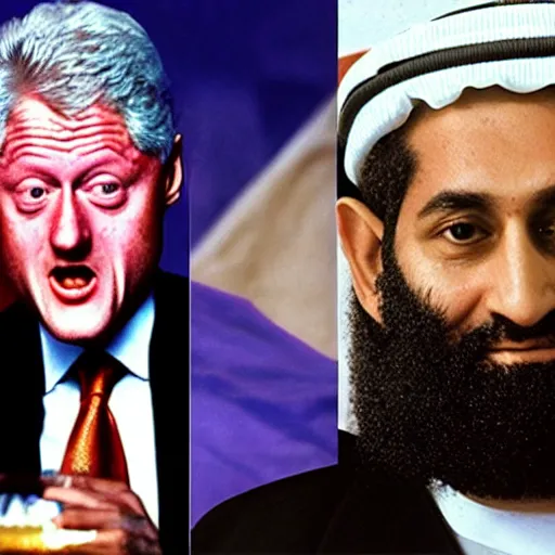 Image similar to bill clinton, osama bin laden and bigfoot eating babies together in dubai