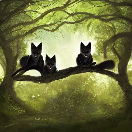 Prompt: three black foxes sitting on a high branch in a dense green forest, night time, pitch black sky, stars, fantasy art, !extreme low angle shot, detailed illustration, hd, overdetailed art, trending on ArtStation, concept art, cgsociety, octane render, trending on artstation, artstationHD, artstationHQ, unreal engine, 8k