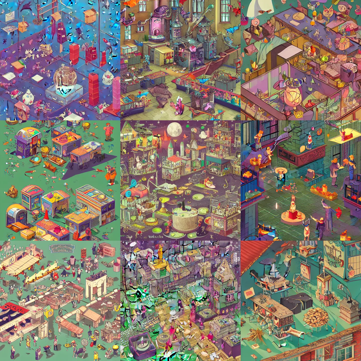 Prompt: bats picking up wishes for delivery at the wish factory, Wimmelbilder puzzle book, isometric diagram, find the hidden object, illustration trending on ArtStation, whimsical, hyperdetailed, intricate