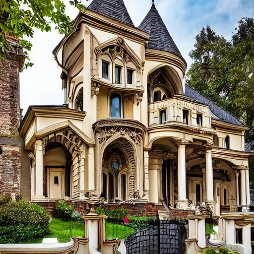 Image similar to ornate mansion with a blend between modern architecture and ancient gothic style