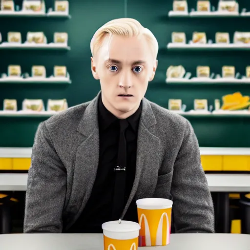 Image similar to Draco Malfoy sitting at a booth in McDonalds, McDonalds interior background, photo