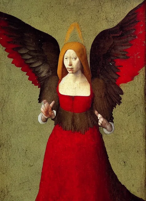 Image similar to fallen angel dressed in red with wings by Jan van Eyck, Hieronymus Bosch, Johannes Vermeer 4k post-processing, highly detailed medieval painting