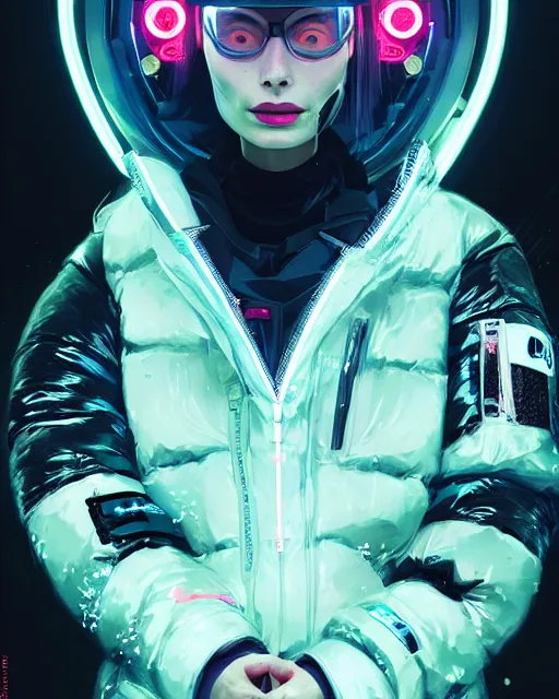 Prompt: neon operator margot robbie, cyberpunk futuristic neon, reflective puffy jacket, decorated with traditional japanese ornaments by ismail inceoglu dragan bibin hans thoma greg rutkowski alexandros pyromallis nekro rene maritte illustrated, perfect face, fine details, realistic shaded, fine - face, pretty face