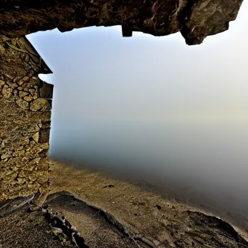 Prompt: i stood atop a cliff shore and looked out the front door of a sorely forgotten begotten house that tilted right toward the roaring shore below and the mist rises to meet the morning sun