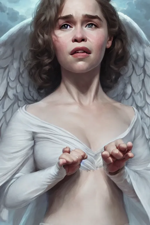 Image similar to Emilia Clarke as an Angel, anatomy, only two hands, highly detailed, digital painting, artstation, concept art, smooth, sharp focus, illustration, Unreal Engine 5, 8K, art by art by artgerm and greg rutkowski and edgar maxence