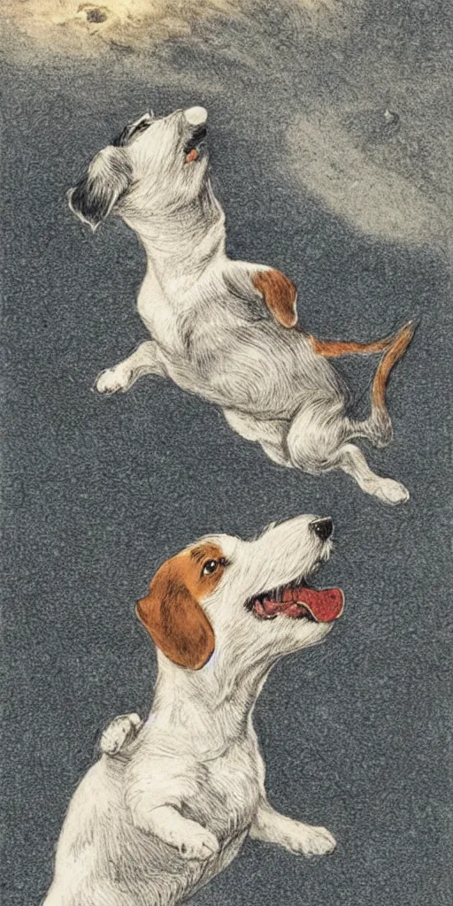 Image similar to jack russel dog looking up and howling with mouth open sad, night sky, highly detailed, side view, illustrated by peggy fortnum and beatrix potter and sir john tenniel