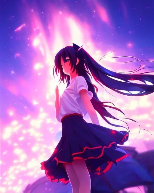 Image similar to anime style, vivid, expressive, full body, 4 k, painting, a cute magical girl with a long wavy black hair, stunning, realistic light and shadow effects, centered, simple background, studio ghibly makoto shinkai yuji yamaguchi