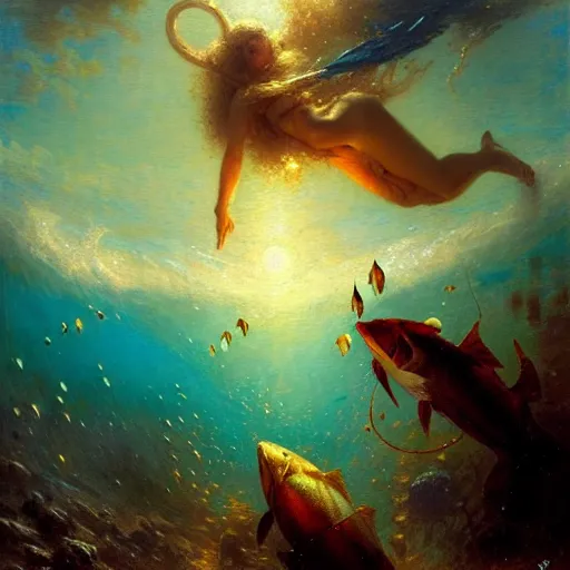 Image similar to point of view of deep in the ocean looking up, you see fishes, higher up you see the milk way, night time. highly detailed painting by gaston bussiere, greg rutkowski 8 k