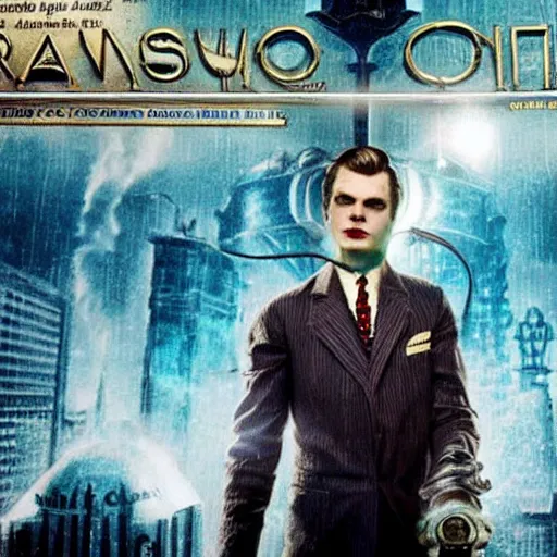 Image similar to a highly detailed cinematic photo from a live - action bioshock movie. andrew ryan, portrayed by evan peters, is shown standing in a 1 9 3 0's office with a large desk in front of a floor - to - ceiling window looking out onto the underwater city of rapture shining in the distance, sea life is shown outside of the window