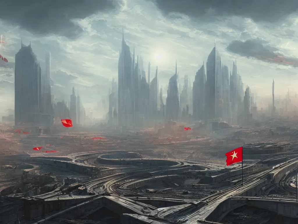 Image similar to landscape matte painting of a communist american state megastructure after the triumph of communism in america, socialist american state flag, socialist statues, digital painting, modern city scape, awe, bright future, hope, highly detailed, 4 k, artstation, photorealistic, architecture, america 2 0 9 8 by fan wennan