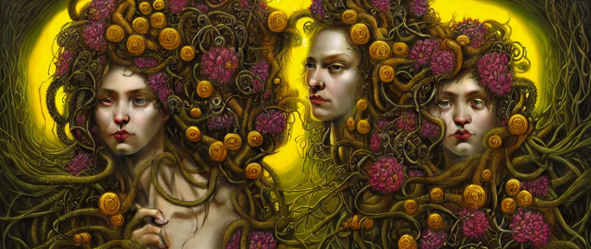 Prompt: hyperrealistic hyper detailed neo-surreal 35mm portrait of gothic cyborg medusa with multiple heads covered in flowers matte painting concept art hannah yata dali very dramatic yellow lighting low angle hd 8k sharp shallow depth of field