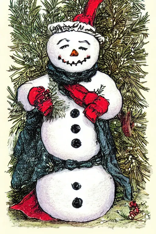 Prompt: victorian snowman illustration greeting card by walter crane