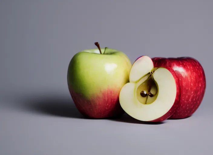 Image similar to photo still of an apple with human teeth, 8 k, studio lighting bright ambient lighting key light, 8 5 mm f 1. 8