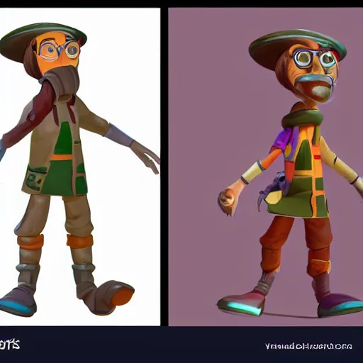 Image similar to character design of a stylized explorer and cartographer in the style of Studio Ghilbi, stylized cartoon texture and modeling 3D