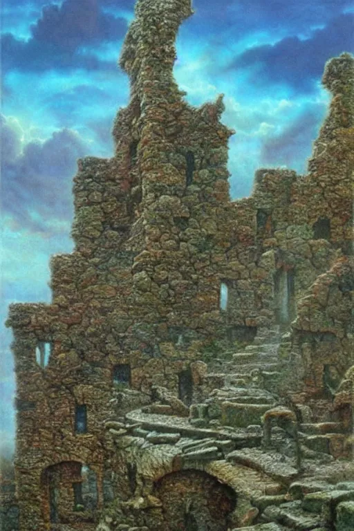 Prompt: ruins by the sea, fantasy puffy sky, matte painted by bob eggleton