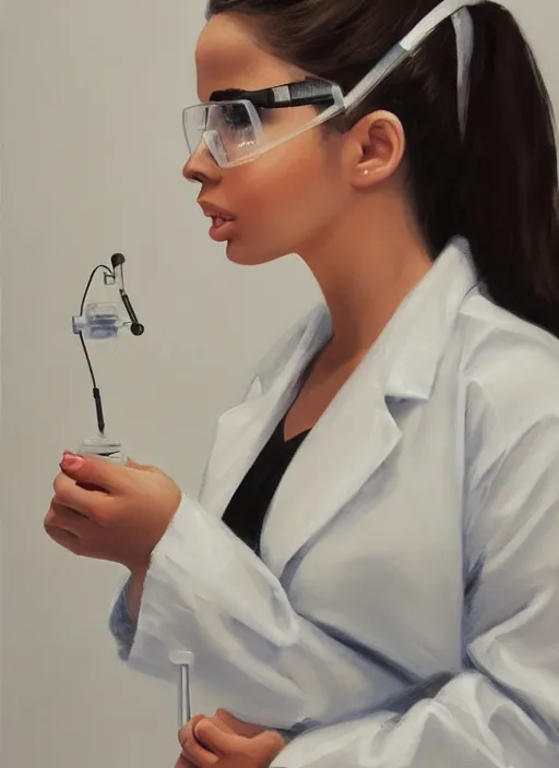 Image similar to demi rose wearing a labcoat in a biology lab, microscope on the table, expressive oil painting, matte art, trending on artstation, sunlit, octane render, brushstrokes, beautiful face portrait, beautiful lighting