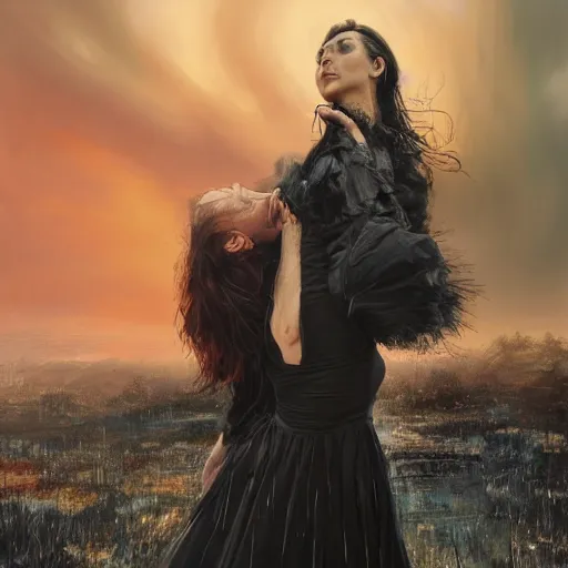 Image similar to morning, raven perching on the shoulder of a woman in a black dress. sun, cinematic, clouds, vogue cover style, contracting colors mood, realistic painting, intricate oil painting, high detail, figurative art, multiple exposure, poster art, 3 d, by simon bisley, ismail inceoglu, wadim kashin, filip hodas.