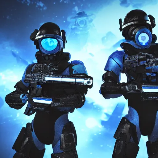 Prompt: Two soldiers with blue laser rifles wearing black power armour with blue sprites and full helmets with blue visors, night, rain, water drops on the lense, a complicated chrome-plated spaceship with blue lights in the background, realistic 4k octane beautifully detailed render, 4k post-processing, highly detailed, intricate complexity, epic composition, magical atmosphere, cinematic lighting, masterpiece, ultra hd