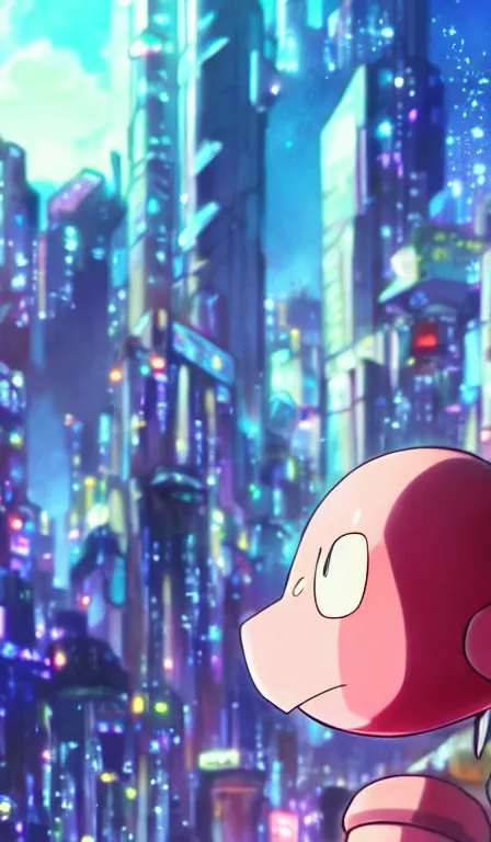 Image similar to anime fine details portrait of Kirby in front of cyberpunk moder city landscape on the background deep bokeh, close-up view, anime masterpiece by Studio Ghibli. 8k, sharp high quality anime, artstation