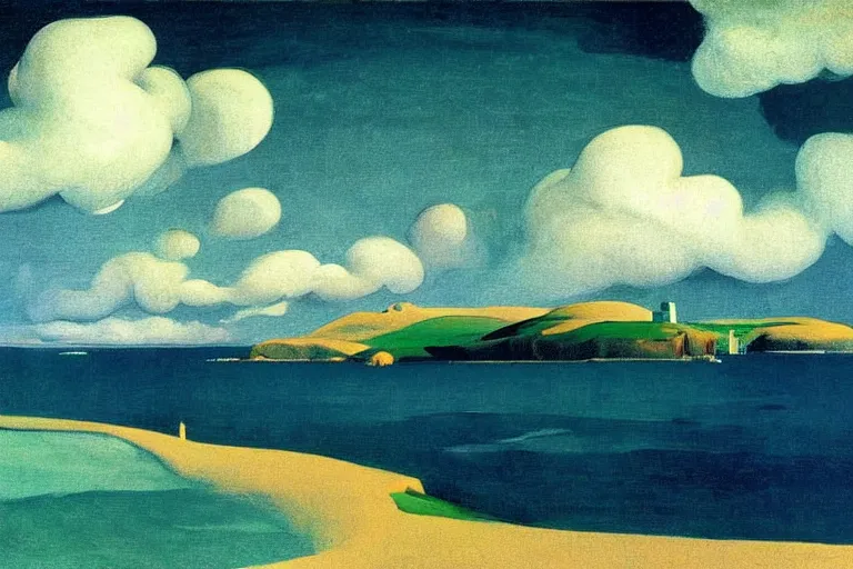 Prompt: dramatic landscape of donegal ireland after the storm, sea is shimmering in the sun, mammatus clouds and lenticular clouds, by edward hopper giorgio de chirico, eyvind earle