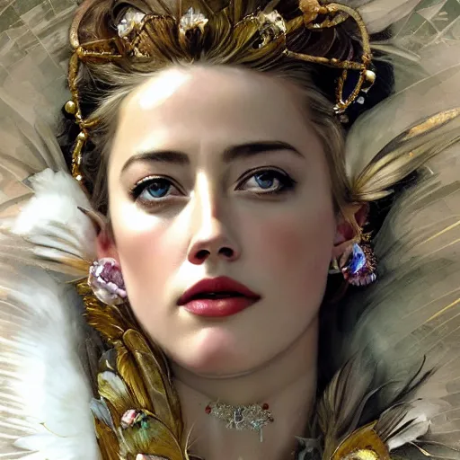 Prompt: hyperrealistic portrait of a woman as amber heard as greek goddess of the night sky wearing white swan dress wearing sapphire jewellery feather collar by jeremy mann and alphonse mucha, fantasy art, photo realistic, dynamic lighting, artstation, poster, volumetric lighting, very detailed faces, 4 k, award winning